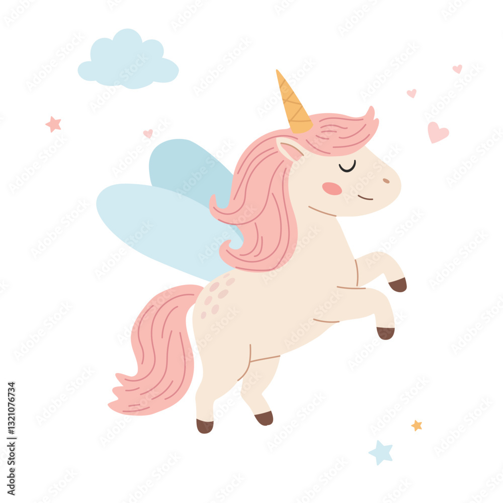Naklejka premium Cute cartoon unicorn with rainbow mane and horn. Vector illustration