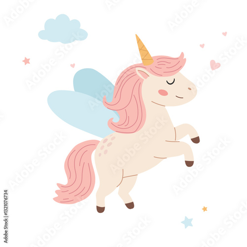 Cute cartoon unicorn with rainbow mane and horn. Vector illustration