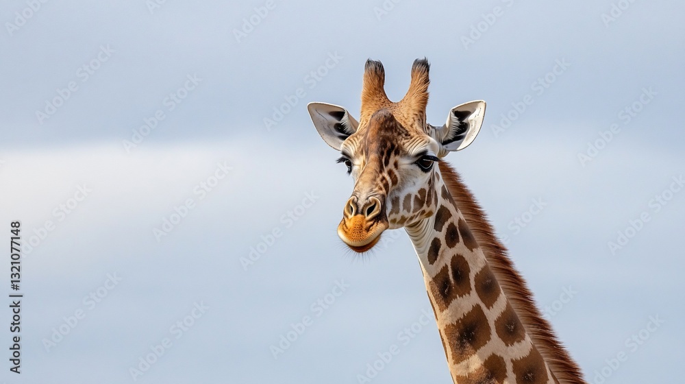 Close-up of a giraffe's head and neck against a pale sky Close-up of a giraffe's head and neck against a pale sky