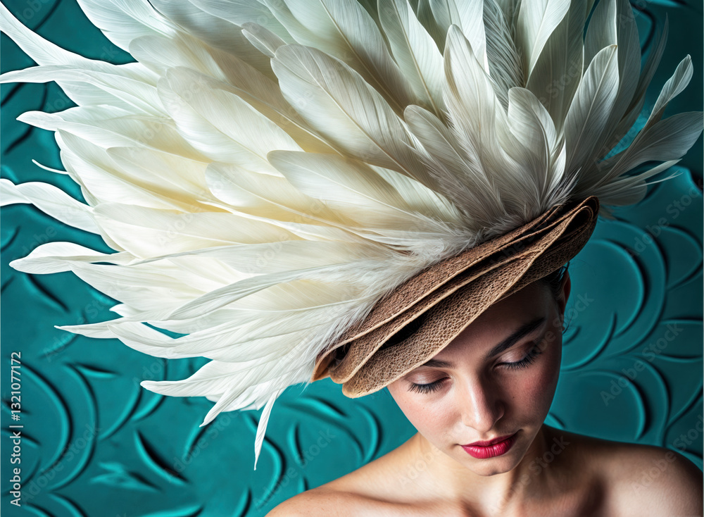 A woman adorned with a magnificent, feathered hat, showcasing intricate craftsmanship.