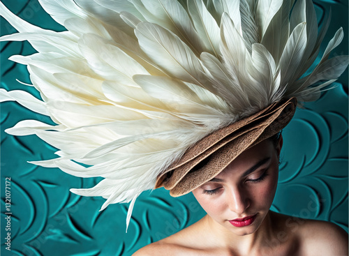 Obraz na płótnie A woman adorned with a magnificent, feathered hat, showcasing intricate craftsmanship. w salonie