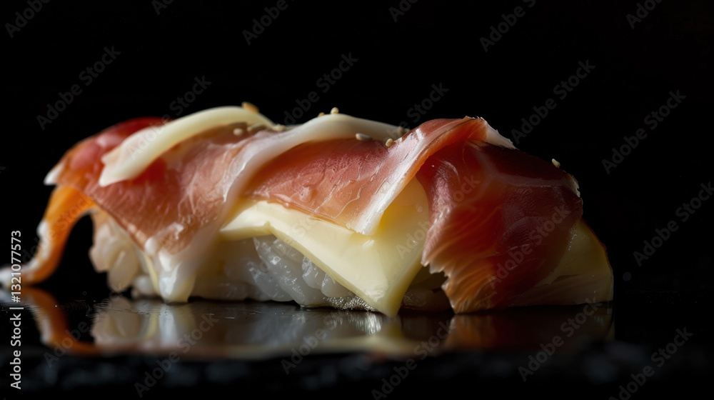 sushi roll topped with cheese and prosciutto sushi roll topped with cheese and prosciutto