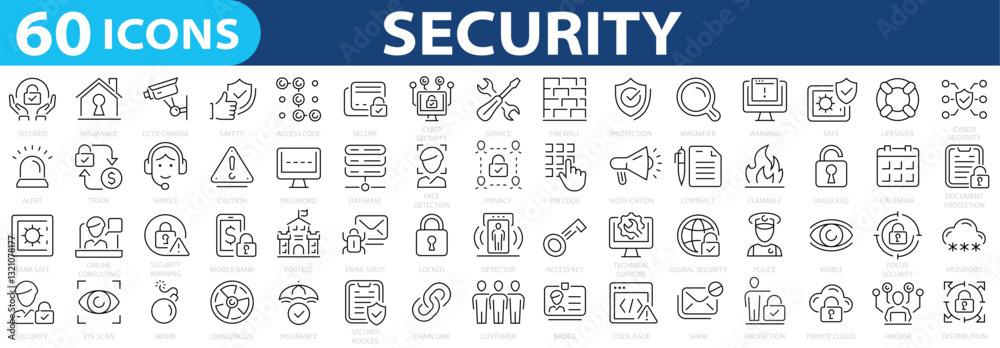 Security 60 icon set. Security web icons collection. Secured payment, encryption, safety, insurance, data protection, detector, sensor, locked, password, cybersecurity, key, shield, lock, unlock, eye Security 60 icon set. Security web icons collection. Secured payment, encryption, safety, insurance, data protection, detector, sensor, locked, password, cybersecurity, key, shield, lock, unlock, eye