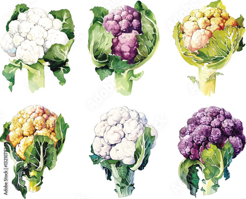 Cauliflower Set Vector Illustration, Isolated on White Background