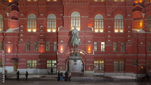 The monument to Marshal Zhukov near the Historical Museum at night timelapse hyperlapse. Moscow, Russia