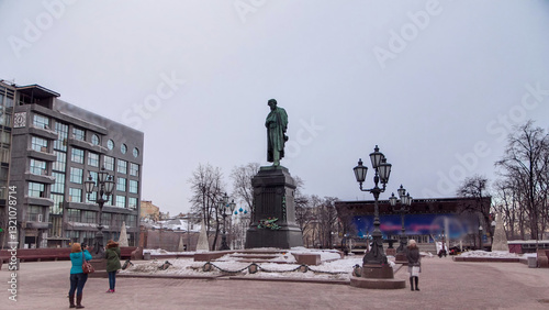 Monument to russian poet Alexander Pushkin on Pushkin Square timelapse hyperlapse, Moscow, Russia