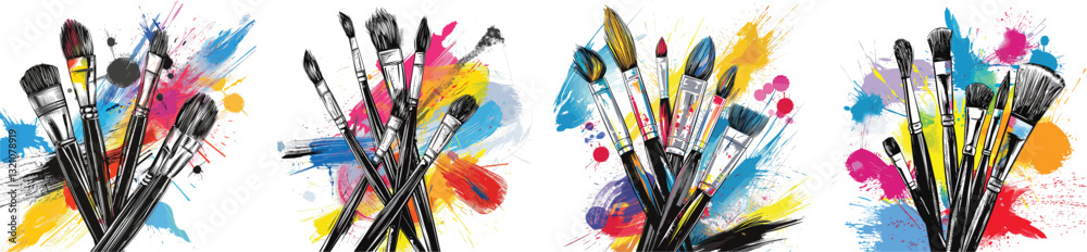 Fototapeta premium Paint Brushes Vector Illustration with Colorful Splatters on White