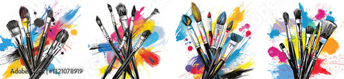 Paint Brushes Vector Illustration with Colorful Splatters on White