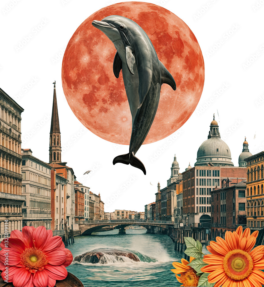A dolphin is leaping out of a river in a cityscape with tall buildings and a red moon in the background. The scene is adorned with vibrant flowers.