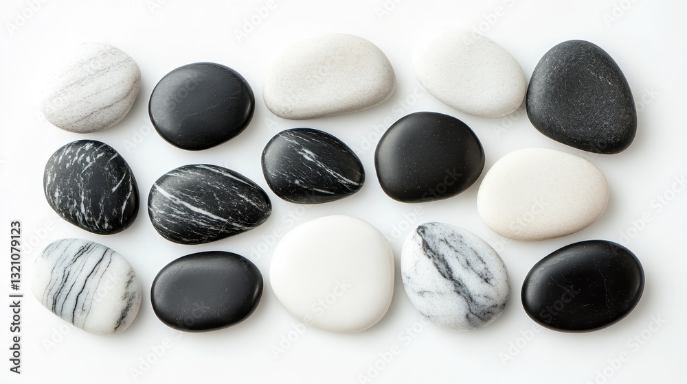 Black and White Polished Spa Stones on White Background, Minimalist Design Black and White Polished Spa Stones on White Background, Minimalist Design