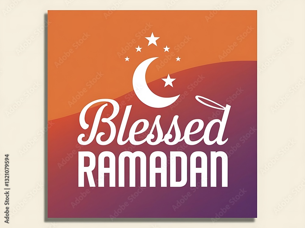 Fototapeta premium Blessed Ramadan in modern script with crescent moon and stars