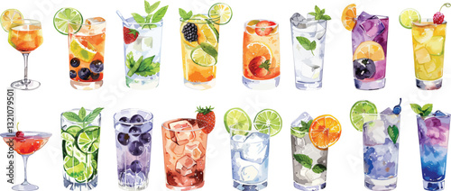Watercolor Cocktails Vector Illustration with Fruits and Ice