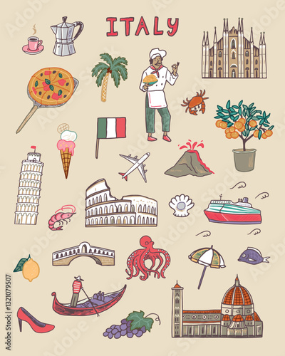 Italy travel hand drawn doodle icons set. Vector illustration.