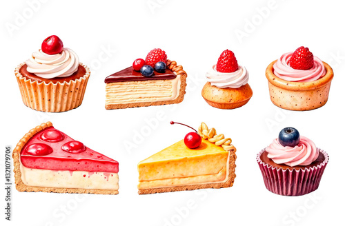 Watercolor illustration of a set of cupcakes and sweet desserts on a white background. Perfect for bakery branding, packaging, and menu designs. Delicate details and vibrant colors