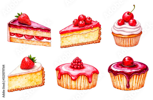 Watercolor illustration of a set of cupcakes and sweet desserts on a white background. Perfect for bakery branding, packaging, and menu designs. Delicate details and vibrant colors