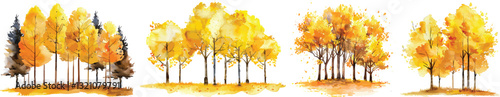 Watercolor Autumn Trees Vector Illustration, Isolated on White Background