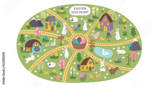 Easter egg hunt background with Easter objects - houses, bunnies, farm animals and hidden Easter eggs. Easter concept banner. Vector hand drawn illustration.
