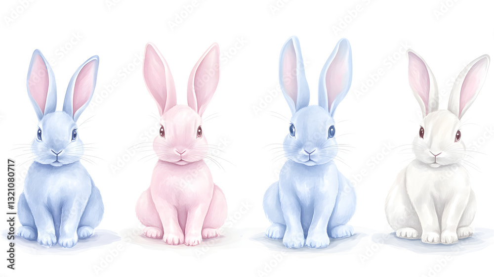 Fototapeta premium Pastel Easter bunnies with soft pastel shades, hand-drawn for digital artwork and prints.