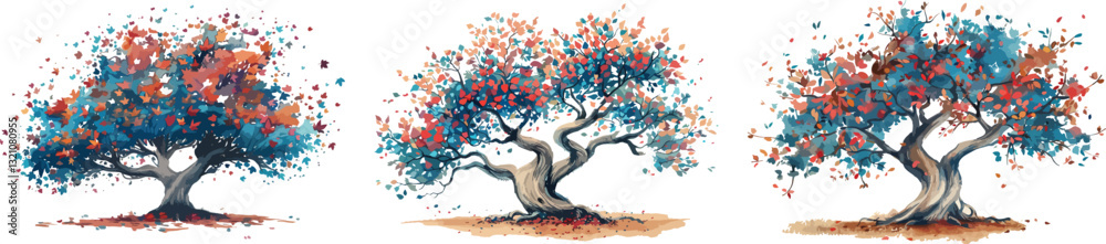 Abstract Watercolor Trees Vector Illustration Set, Isolated on White Background
