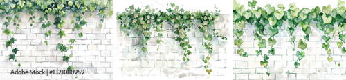 Ivy on Brick Wall Vector Illustration, Green Leaves, Watercolor Effect