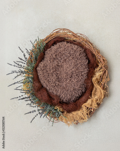 Newborn baby photography nest background with earth tones and lavender