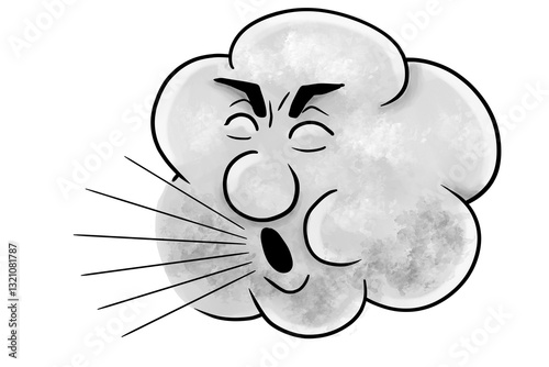 illustration of a gray cartoon cloud blowing wind