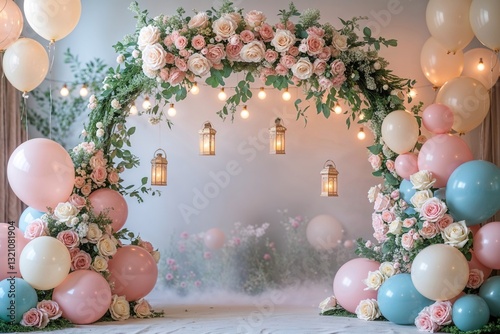 Dreamy and romantic event backdrop featuring a floral arch with pastel roses, soft glowing lanterns, and elegant balloons, perfect for weddings, baby showers, or celebrations