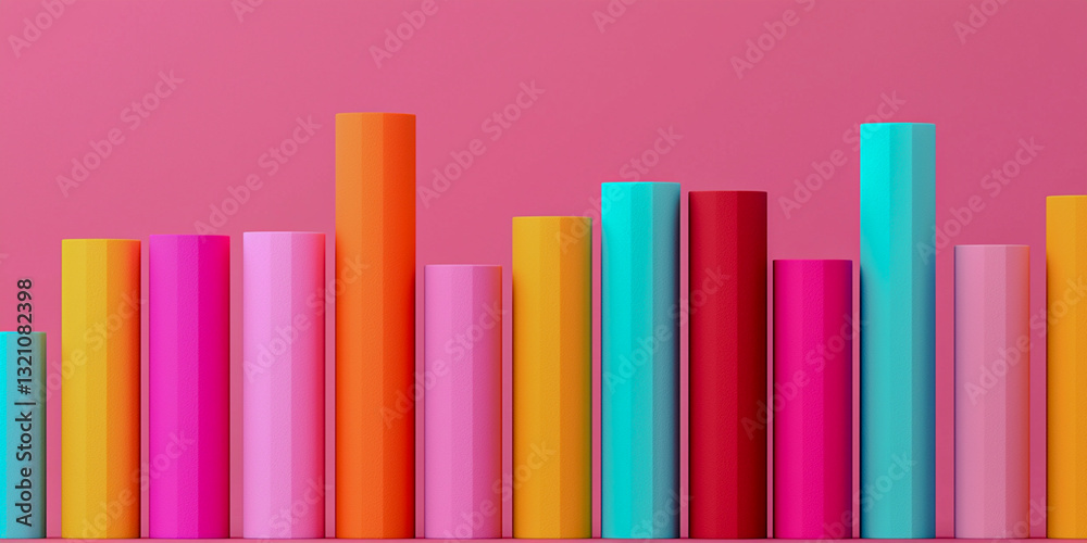 A vibrant arrangement of colorful cylindrical shapes against a pink background, showcasing a playful and modern aesthetic. A vibrant arrangement of colorful cylindrical shapes against a pink background, showcasing a playful and modern aesthetic.