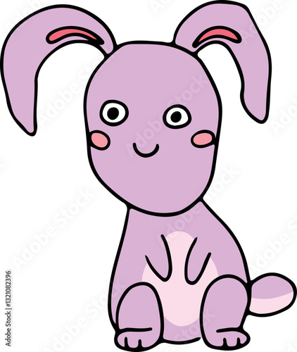 smiling funny pink bunny sits with his long ears hanging down