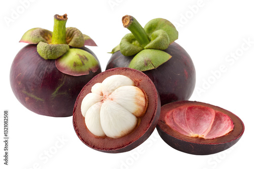 Mangosteen fruit whole and halved isolated on transparent background