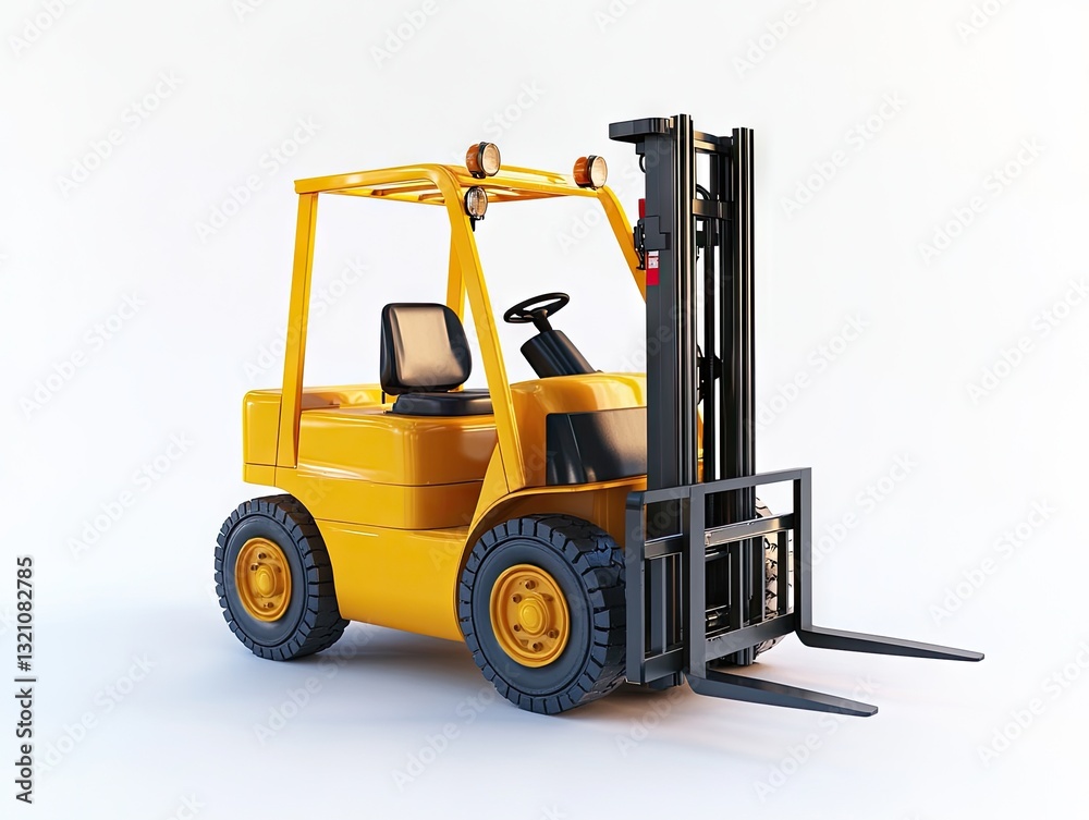 Fototapeta premium Yellow forklift, front view, isolated on white background. Detailed rendering of a compact forklift, showcasing its cab, steering wheel, and lifting mechanism