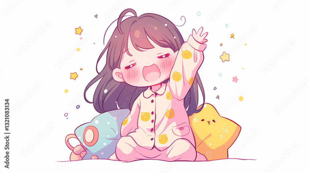 Cute animated girl in pajamas yawning while surrounded by colorful plush toys in a cozy bedroom Cute animated girl in pajamas yawning while surrounded by colorful plush toys in a cozy bedroom
