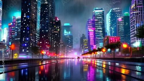 Wet asphalt reflecting neon lights of skyscrapers and traffic lights in futuristic city in the rain.