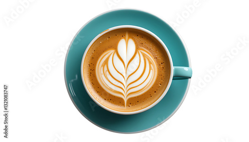 Exquisite Latte Art in Turquoise Ceramic Cup - Perfectly Crafted Coffee with Intricate Leaf Pattern Foam Design. Luxurious Cappuccino Served in Elegant Teal Porcelain Saucer Against White Background.