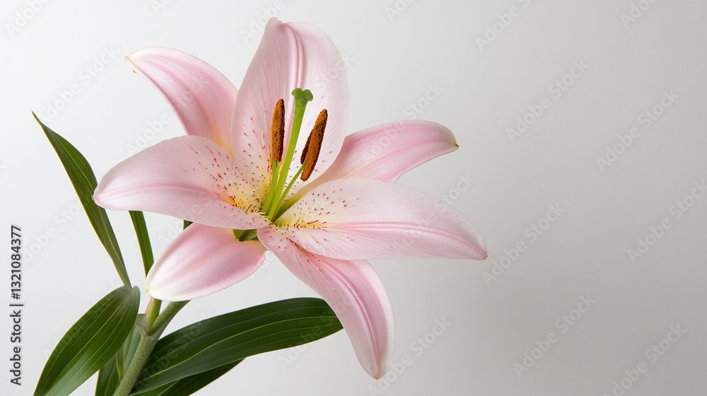 Naklejka premium Delicate pink lily blossom with vibrant green leaves against a soft, light background