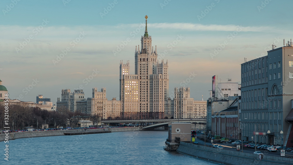 Dusk view of the Kotelnicheskaya Embankment Building day to night hyperlapse in Moscow timelapse, Russia. Dusk view of the Kotelnicheskaya Embankment Building day to night hyperlapse in Moscow timelapse, Russia.