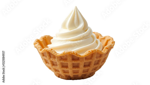 Creamy Vanilla Soft Serve Ice Cream in Waffle Bowl - Delicious Swirled Dessert with Smooth Texture and Crisp Golden Cone on transparent Background