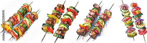 Watercolor Style Meat and Vegetable Skewers Vector Illustration