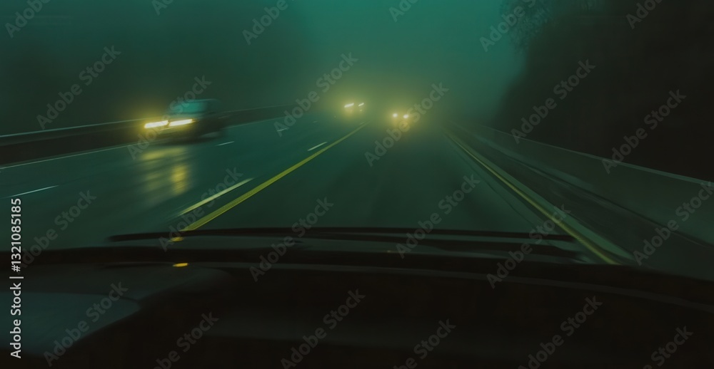 A POV shot from inside a moving car on a foggy highway, where thick fog reduces visibility, and headlights from distant vehicles faintly emerge, creating a tense and hazardous driving atmosphere A POV shot from inside a moving car on a foggy highway, where thick fog reduces visibility, and headlights from distant vehicles faintly emerge, creating a tense and hazardous driving atmosphere
