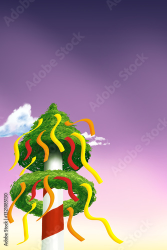 illustration of a cartoon maypole with colorful ribbons against a blue sky