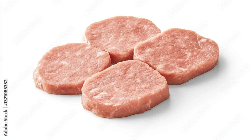 Thinly sliced raw pork meat, presented from a top-down perspective and isolated on a white background. Thinly sliced raw pork meat, presented from a top-down perspective and isolated on a white background.