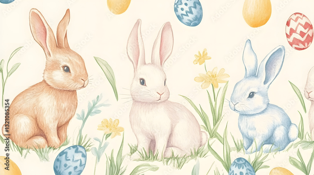 Fototapeta premium Pastel-colored hand-drawn Easter bunnies, perfect for holiday decorations.