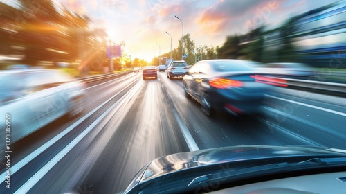 A dynamic POV shot from inside a moving car on a highway at dawn, with motion blur emphasizing speed as a nearby distracted driver swerves dangerously close, highlighting the risks of reckless driving