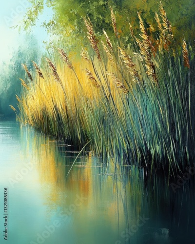 Serene Pondside Painting Oil on Canvas Depicting Golden Reeds, Water Reflections, and Lush Greenery in a Tranquil Landscape.