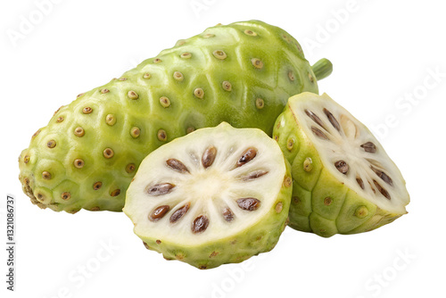 Whole and sliced noni fruit isolated on transparent background