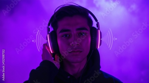 Wallpaper Mural Young man enjoying music with headphones against a purple background   Torontodigital.ca
