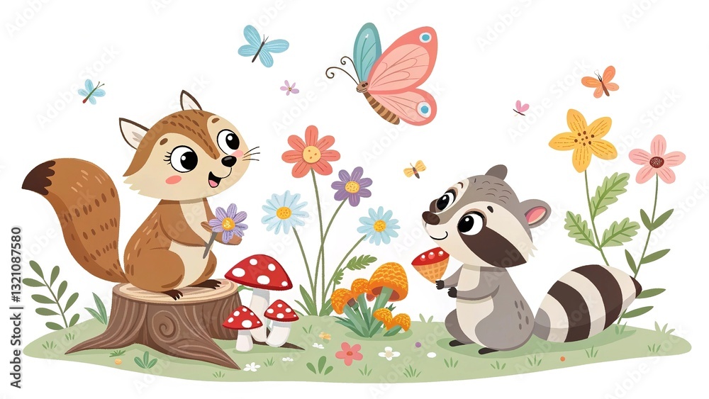 Naklejka premium Playful squirrel with mushrooms and flowers, cartoon clipart. isolated on white background 