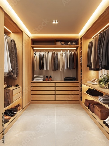 Modern walk-in closet with organized clothes and accessories, illuminated interior design