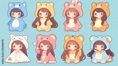 Cute animated characters in animal-themed hoodies, showcasing playful expressions against a pastel background