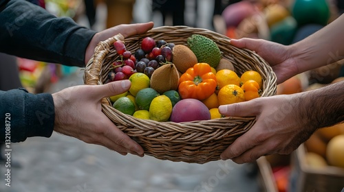 Two Hands Exchanging a Basket of Colorful Fruits Amidst a Vibrant Market Scene